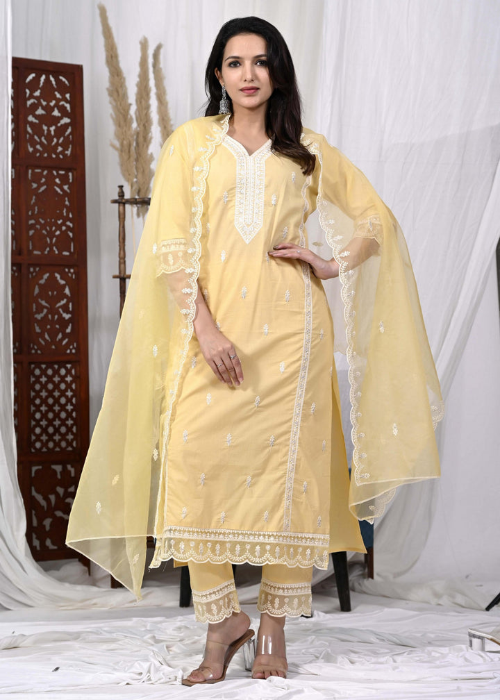 Stylish Cotton Kurta Set - Straight Pattern, V-Neckline, 3/4th Sleeves, Available in Pink & Yellow