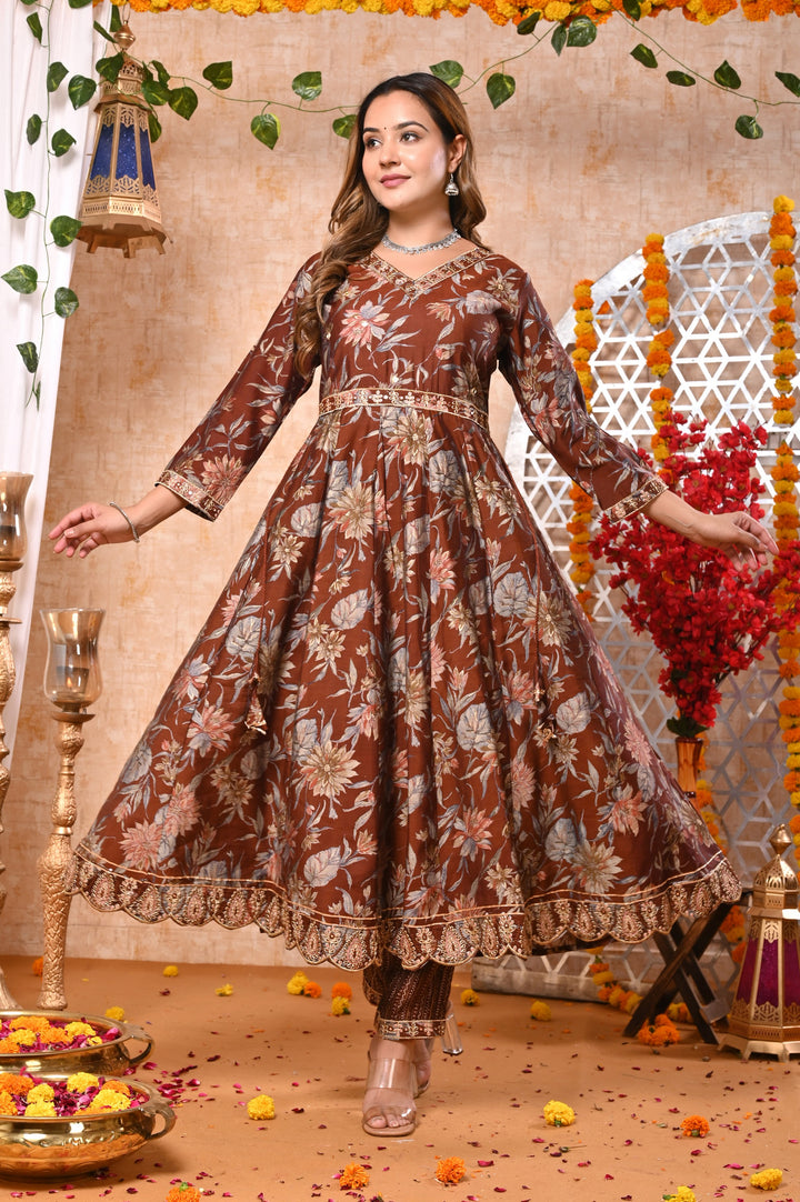 Ethereal Elegance Brown & Blue Chanderi Anarkali Suit