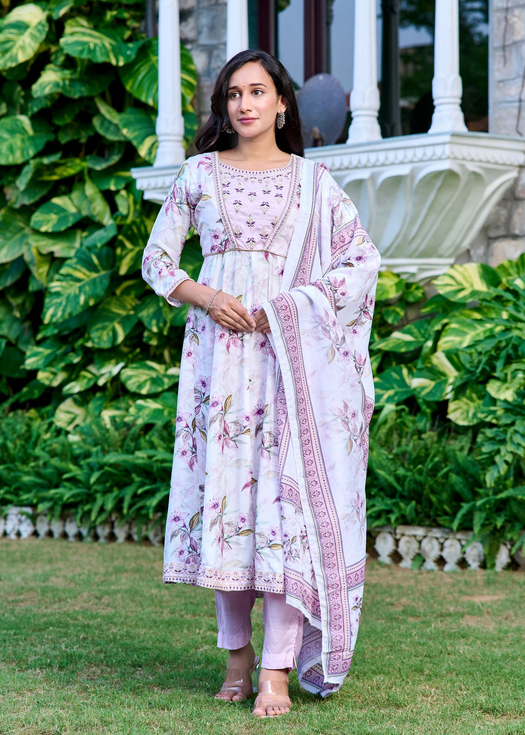 Muslin Anarkali Suit with Round Neck & 3/4 Sleeves – Purple & Lavender