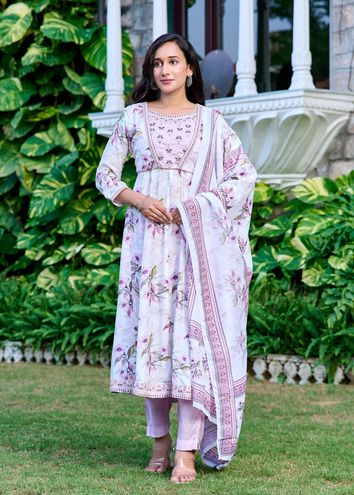 Muslin Anarkali Suit with Round Neck & 3/4 Sleeves – Purple & Lavender