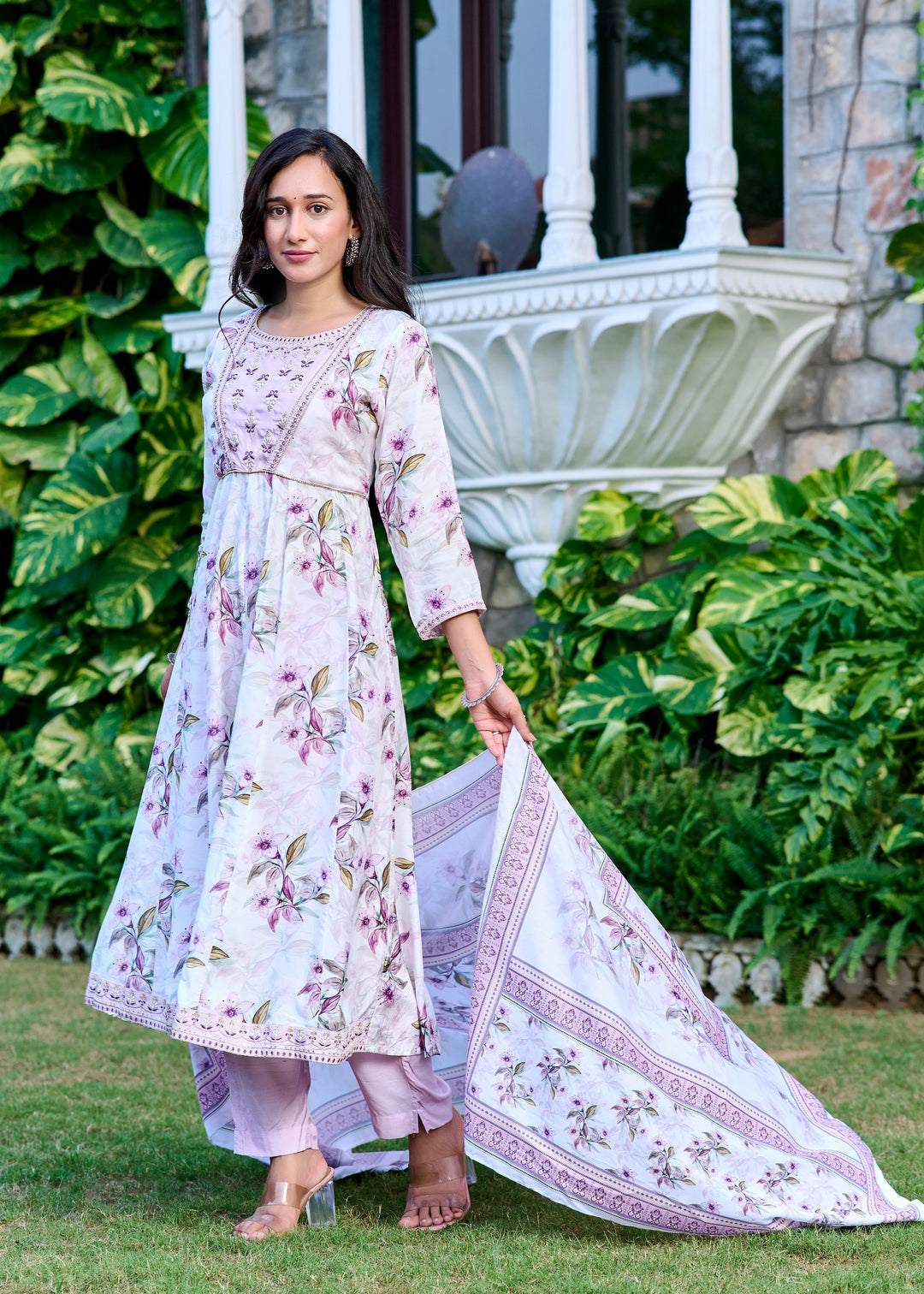Muslin Anarkali Suit with Round Neck & 3/4 Sleeves – Purple & Lavender