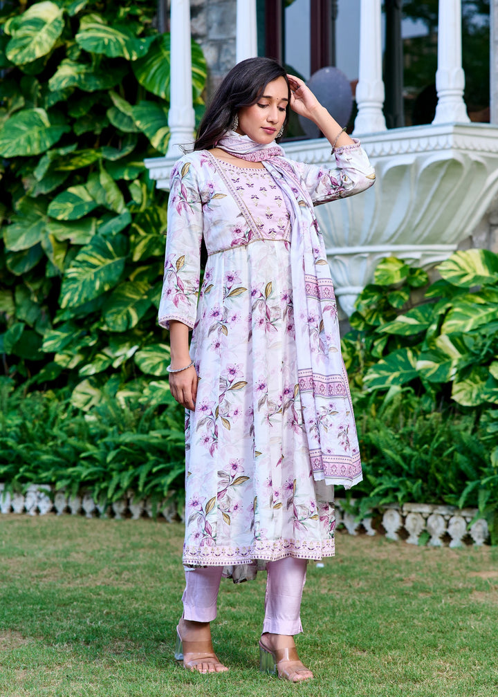 Muslin Anarkali Suit with Round Neck & 3/4 Sleeves – Purple & Lavender