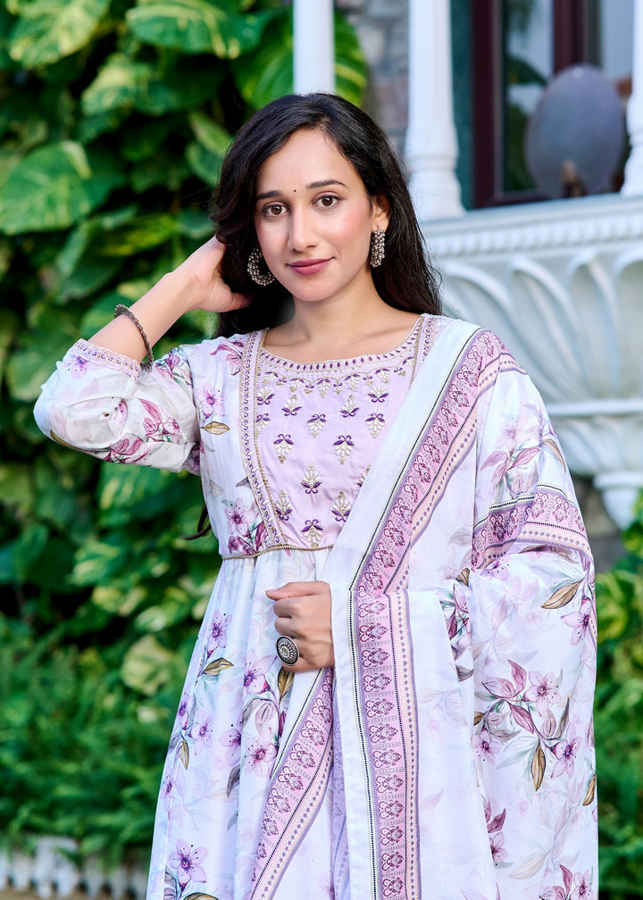 Muslin Anarkali Suit with Round Neck & 3/4 Sleeves – Purple & Lavender