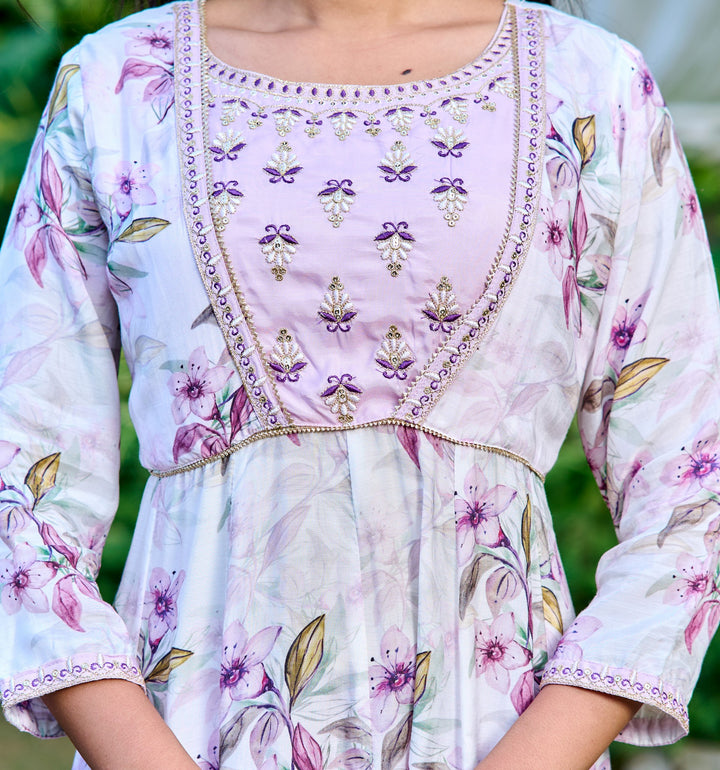 Muslin Anarkali Suit with Round Neck & 3/4 Sleeves – Purple & Lavender