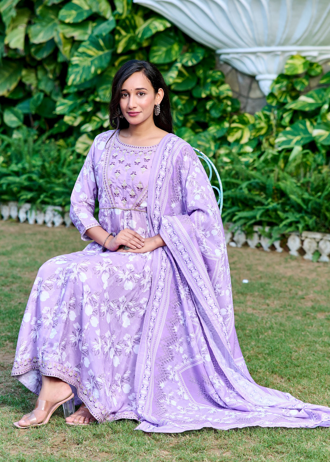 Muslin Anarkali Suit with Round Neck & 3/4 Sleeves – Purple & Lavender