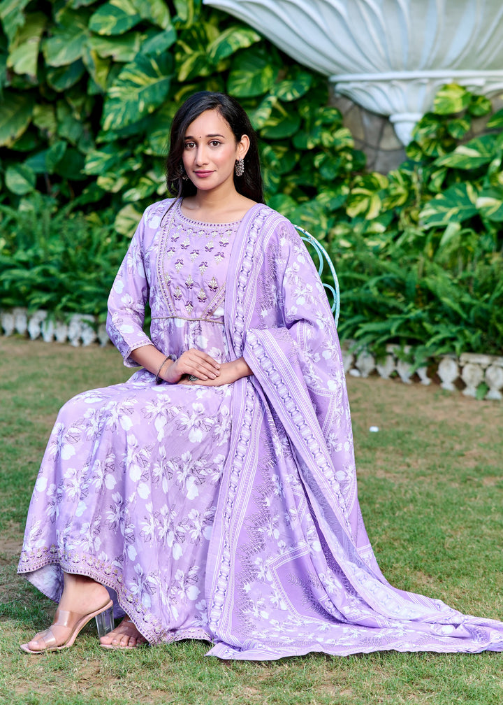 Muslin Anarkali Suit with Round Neck & 3/4 Sleeves – Purple & Lavender