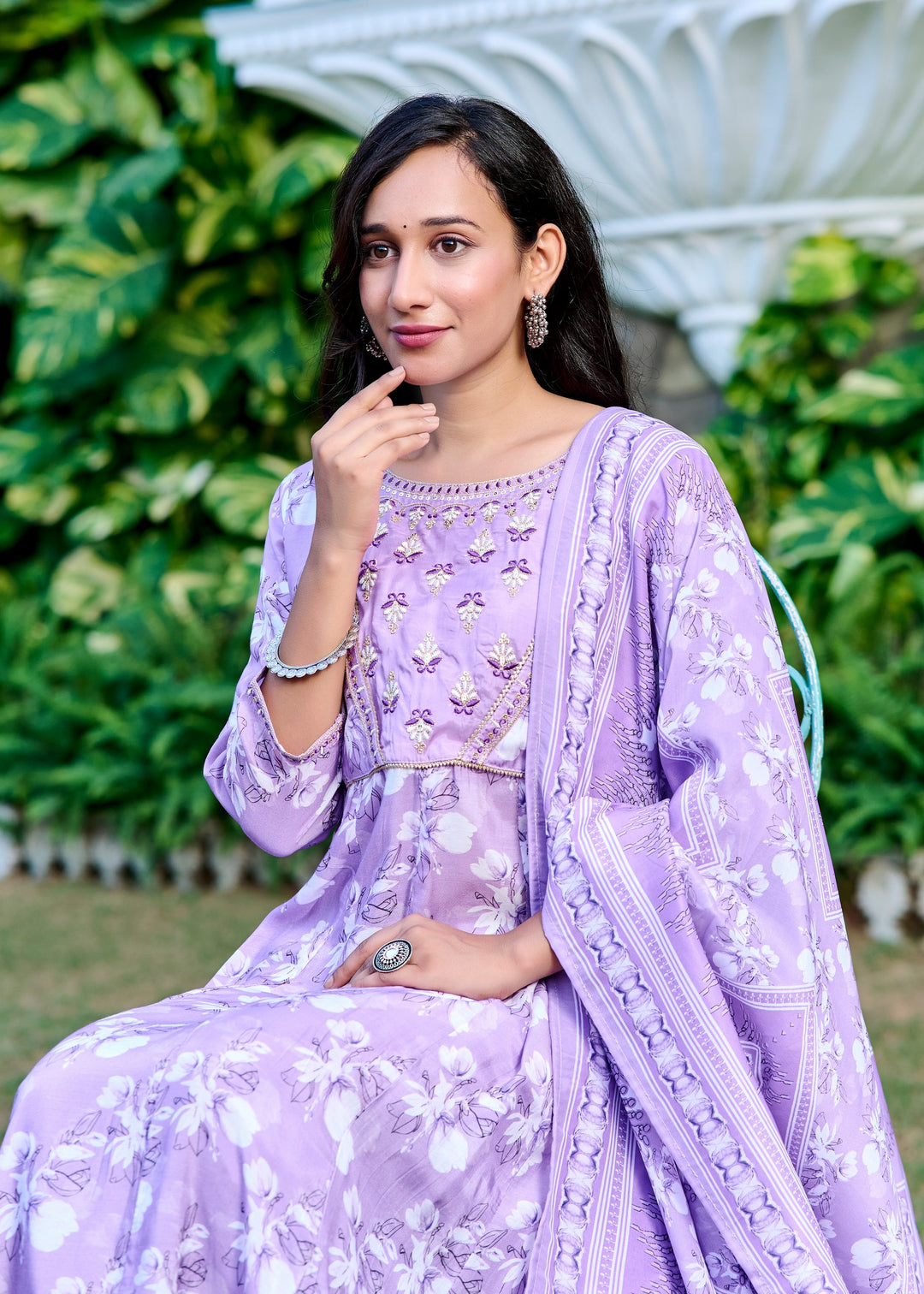 Muslin Anarkali Suit with Round Neck & 3/4 Sleeves – Purple & Lavender