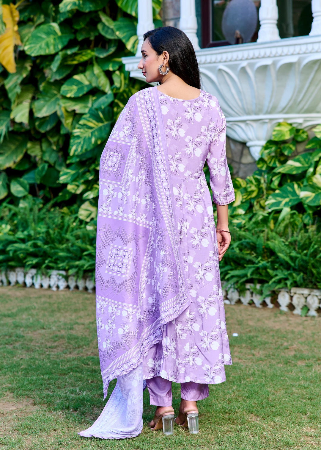 Muslin Anarkali Suit with Round Neck & 3/4 Sleeves – Purple & Lavender
