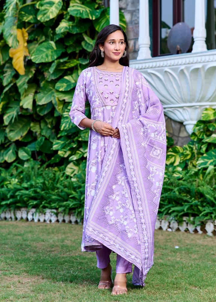 Muslin Anarkali Suit with Round Neck & 3/4 Sleeves – Purple & Lavender