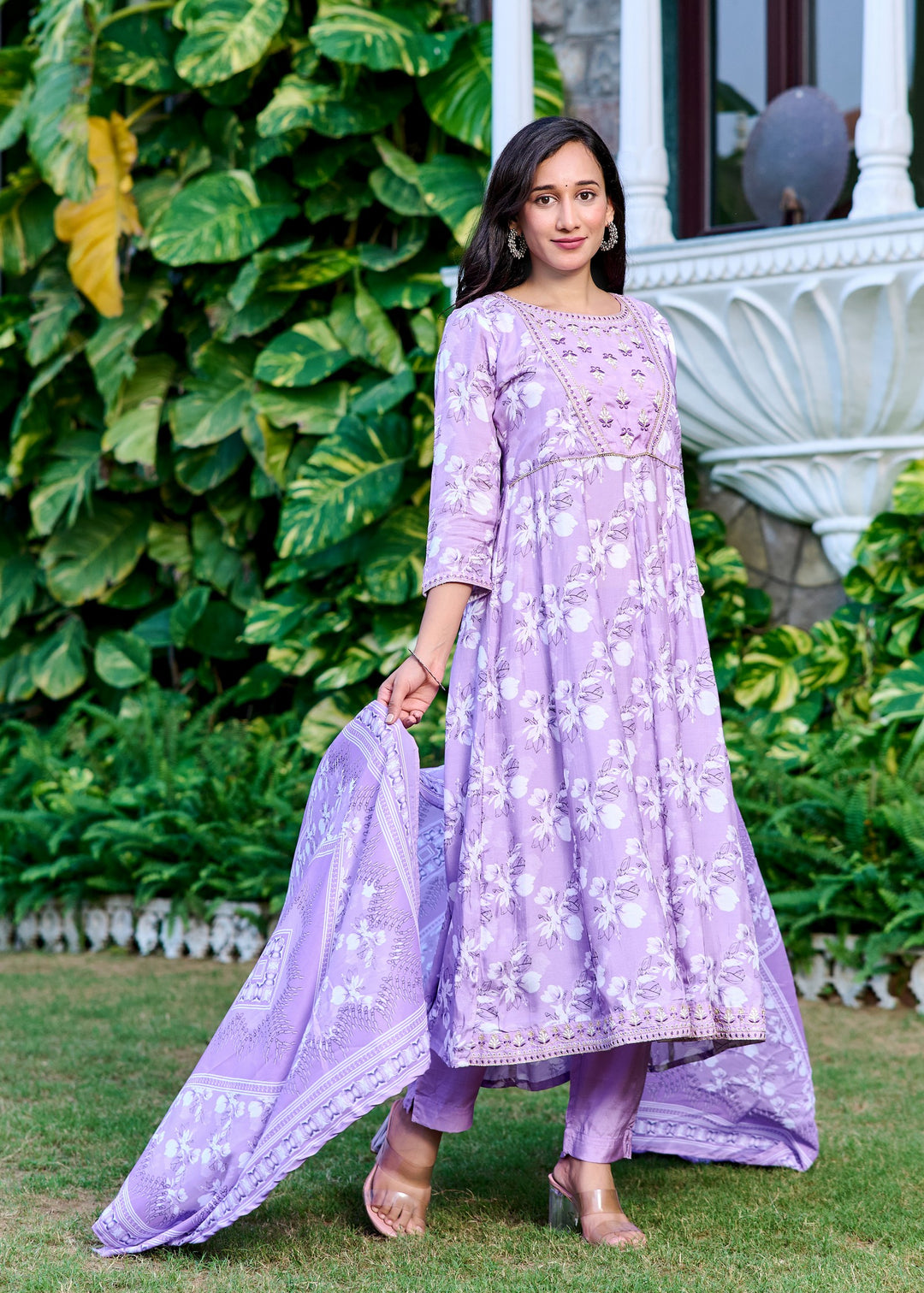 Muslin Anarkali Suit with Round Neck & 3/4 Sleeves – Purple & Lavender