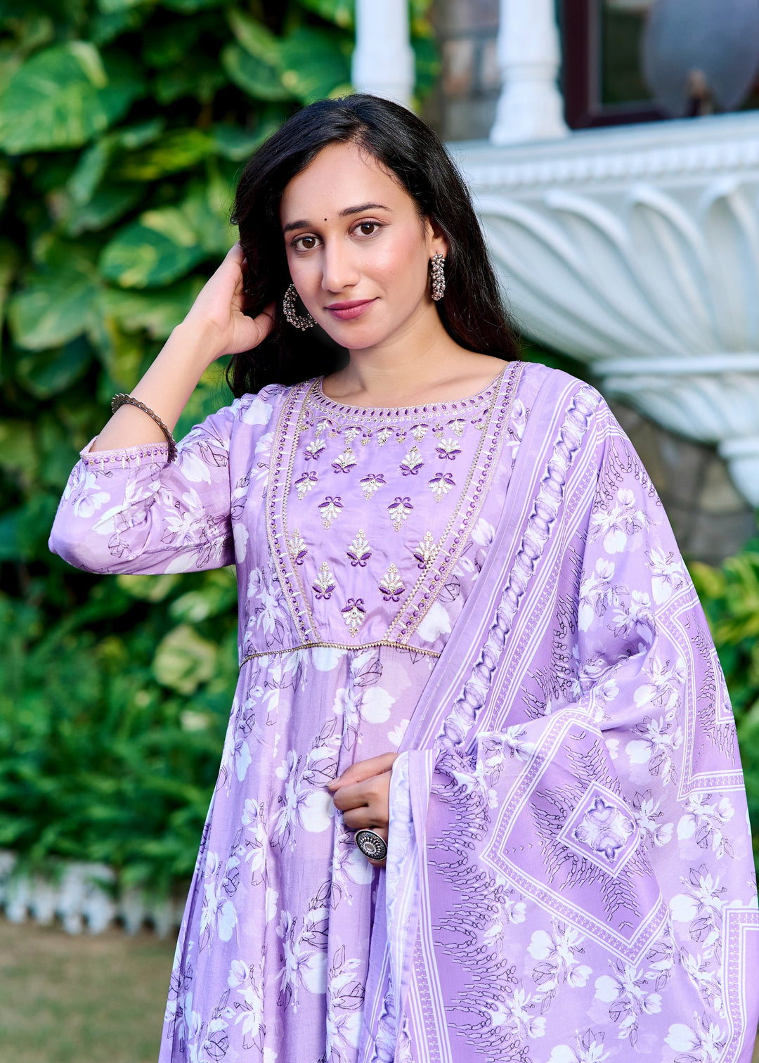 Muslin Anarkali Suit with Round Neck & 3/4 Sleeves – Purple & Lavender