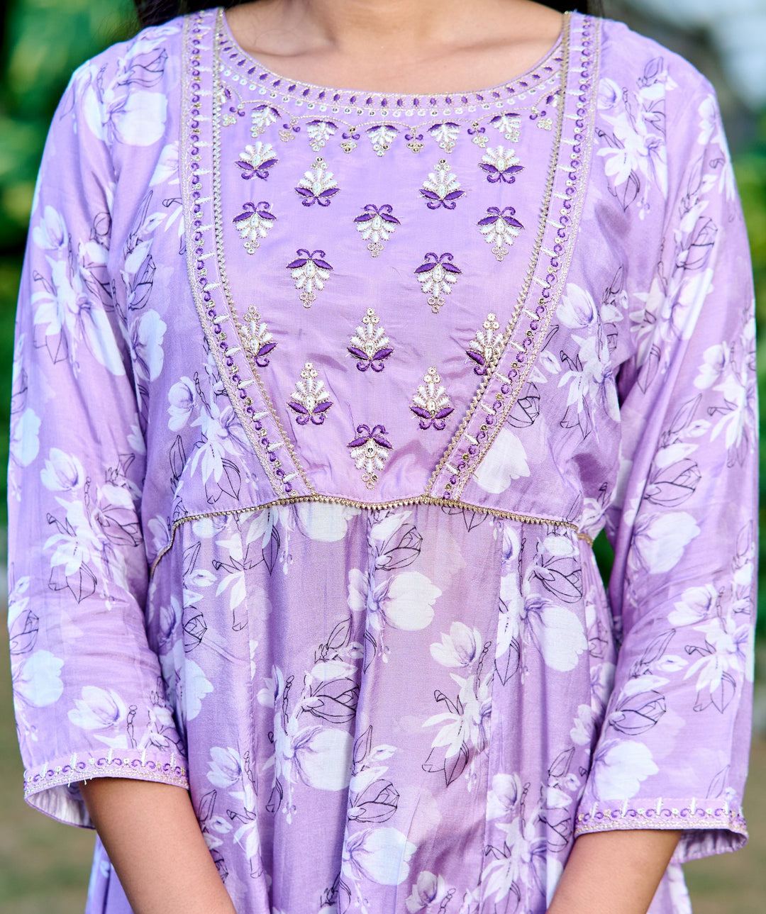 Muslin Anarkali Suit with Round Neck & 3/4 Sleeves – Purple & Lavender