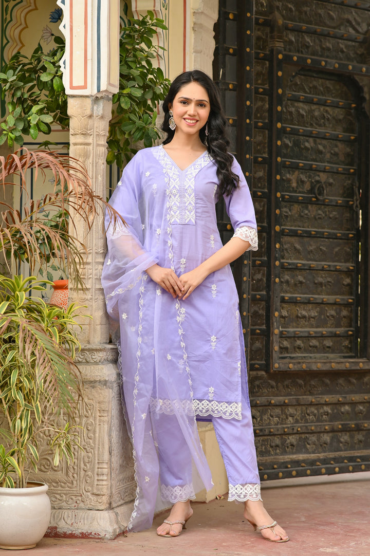 Elegant  Embroidered Cotton Kurta Set - Straight Fit with V-Neck and 3/4 Sleeves