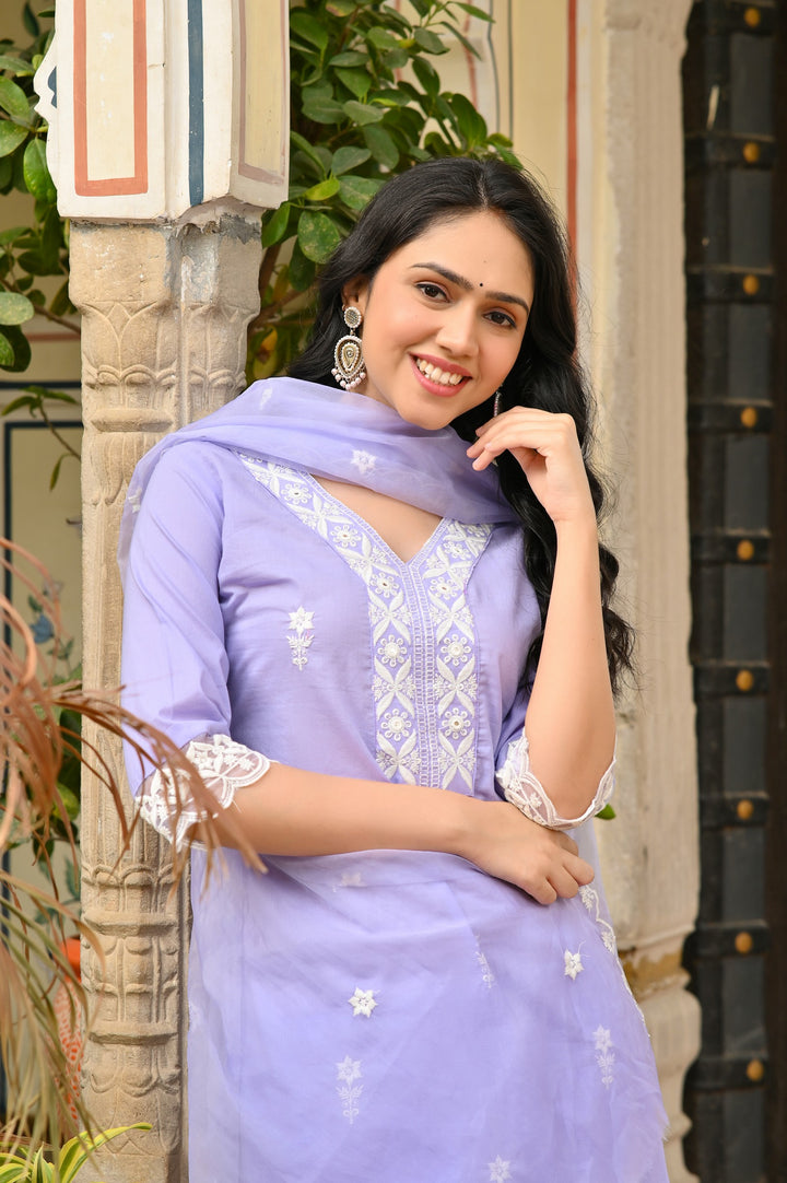 Elegant  Embroidered Cotton Kurta Set - Straight Fit with V-Neck and 3/4 Sleeves