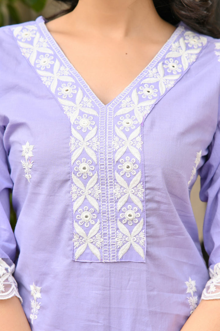 Elegant  Embroidered Cotton Kurta Set - Straight Fit with V-Neck and 3/4 Sleeves