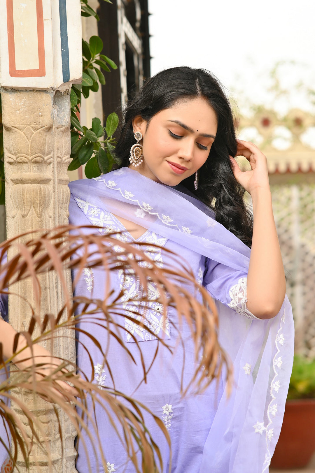 Elegant  Embroidered Cotton Kurta Set - Straight Fit with V-Neck and 3/4 Sleeves