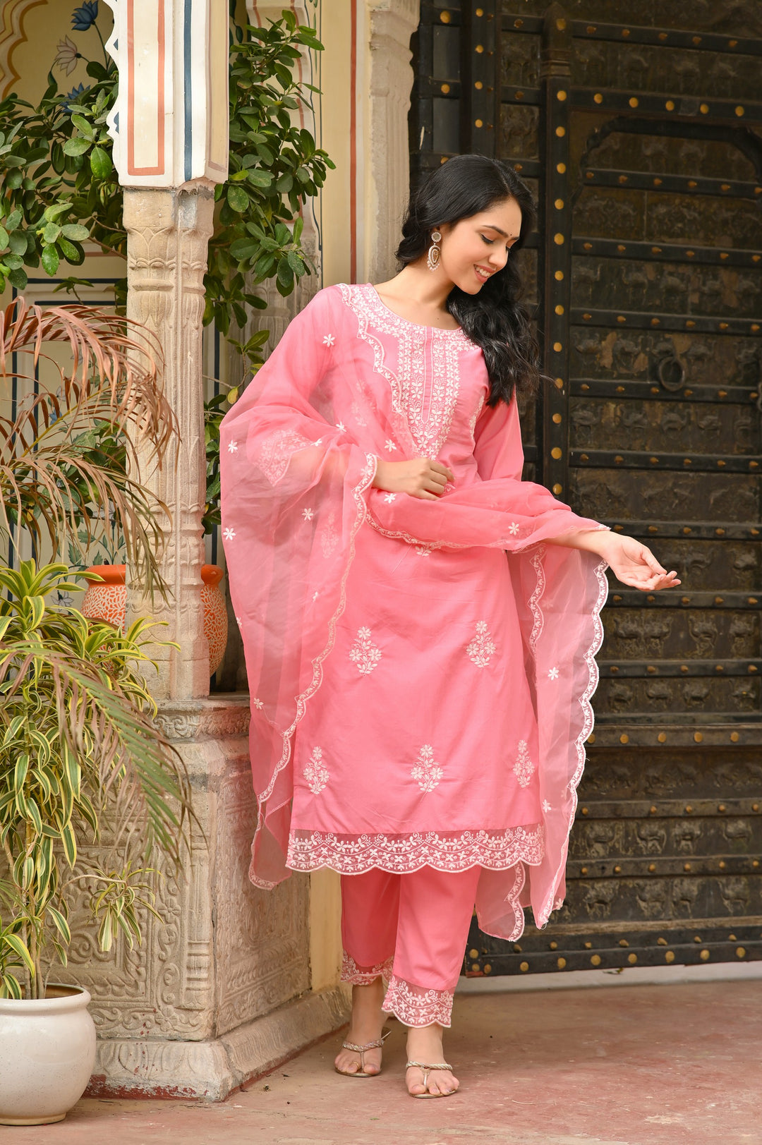 Charming Pink, Blue & Sea Green Embroidered Cotton Kurta Set - Straight Fit, Round Neck, 3/4 Sleeves