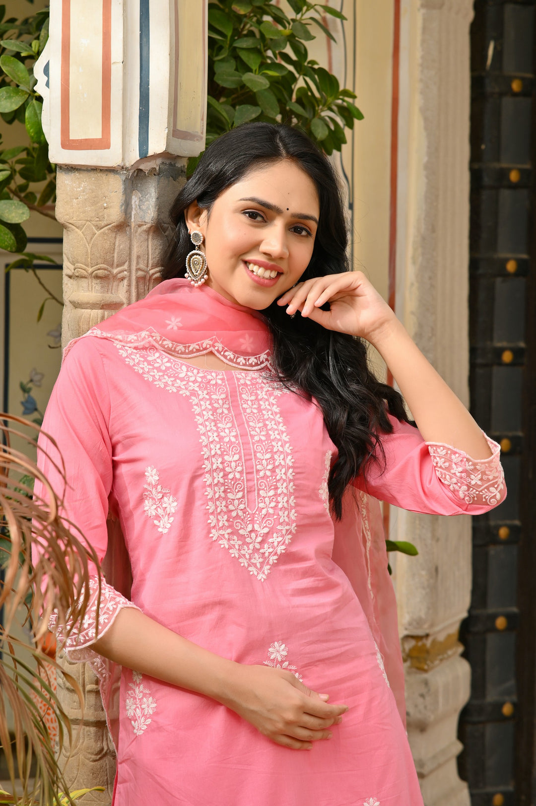 Charming Pink, Blue & Sea Green Embroidered Cotton Kurta Set - Straight Fit, Round Neck, 3/4 Sleeves