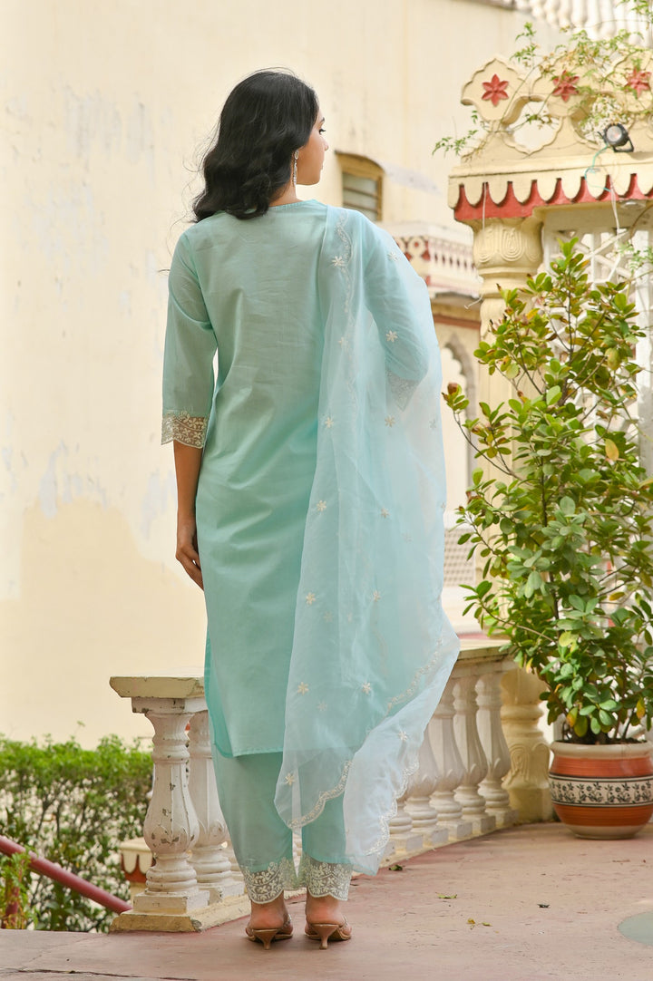 Charming Pink, Blue & Sea Green Embroidered Cotton Kurta Set - Straight Fit, Round Neck, 3/4 Sleeves