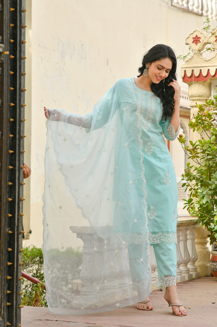 Charming Pink, Blue & Sea Green Embroidered Cotton Kurta Set - Straight Fit, Round Neck, 3/4 Sleeves