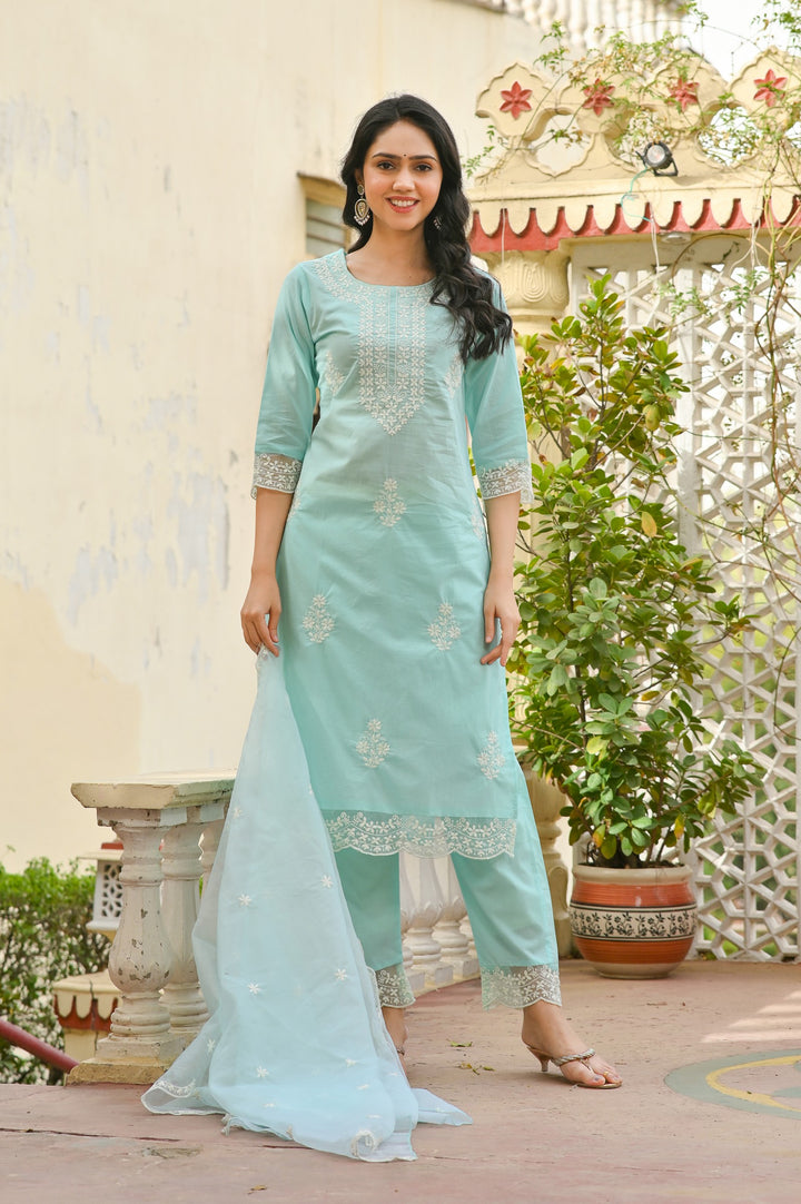 Charming Pink, Blue & Sea Green Embroidered Cotton Kurta Set - Straight Fit, Round Neck, 3/4 Sleeves