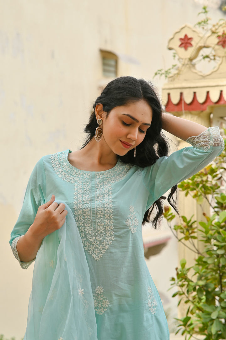 Charming Pink, Blue & Sea Green Embroidered Cotton Kurta Set - Straight Fit, Round Neck, 3/4 Sleeves