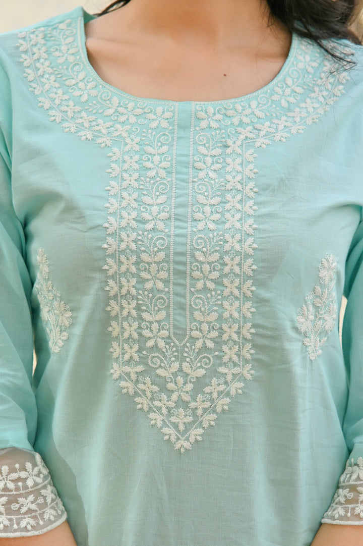 Charming Pink, Blue & Sea Green Embroidered Cotton Kurta Set - Straight Fit, Round Neck, 3/4 Sleeves