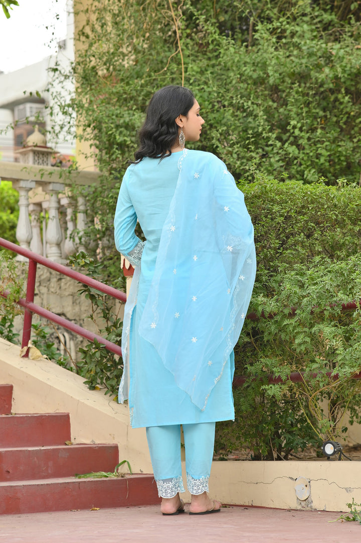 Charming Pink, Blue & Sea Green Embroidered Cotton Kurta Set - Straight Fit, Round Neck, 3/4 Sleeves