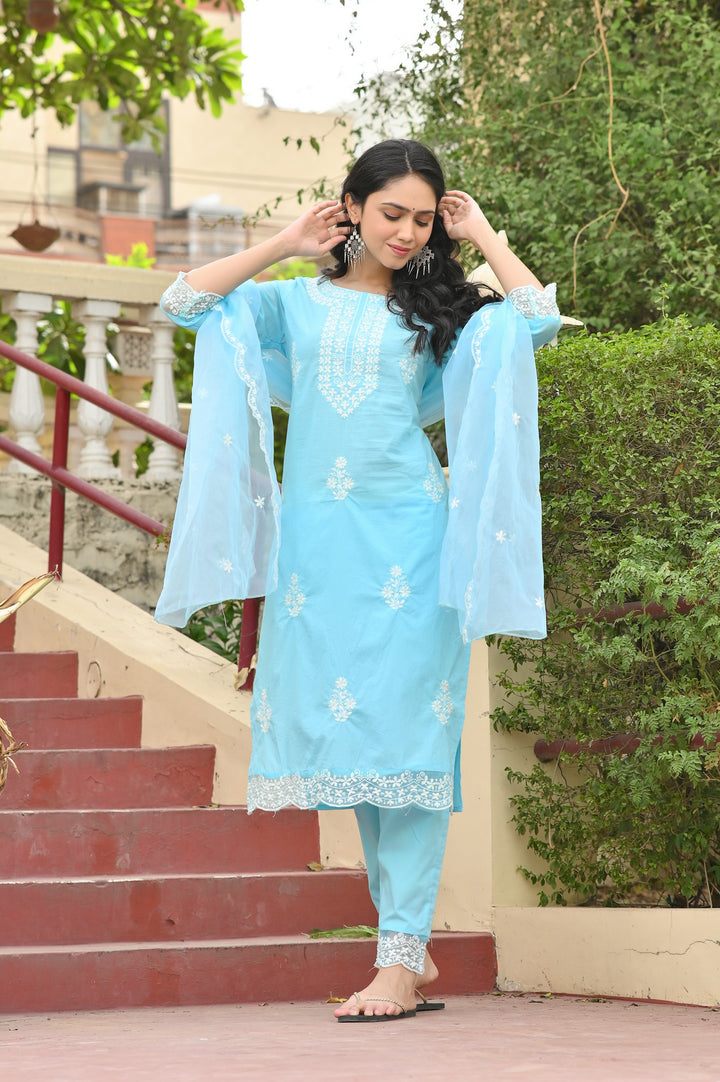 Charming Pink, Blue & Sea Green Embroidered Cotton Kurta Set - Straight Fit, Round Neck, 3/4 Sleeves