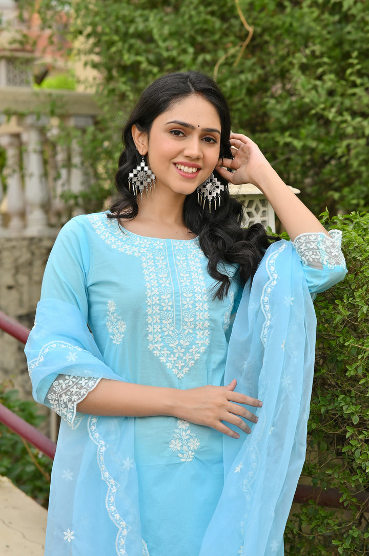 Charming Pink, Blue & Sea Green Embroidered Cotton Kurta Set - Straight Fit, Round Neck, 3/4 Sleeves