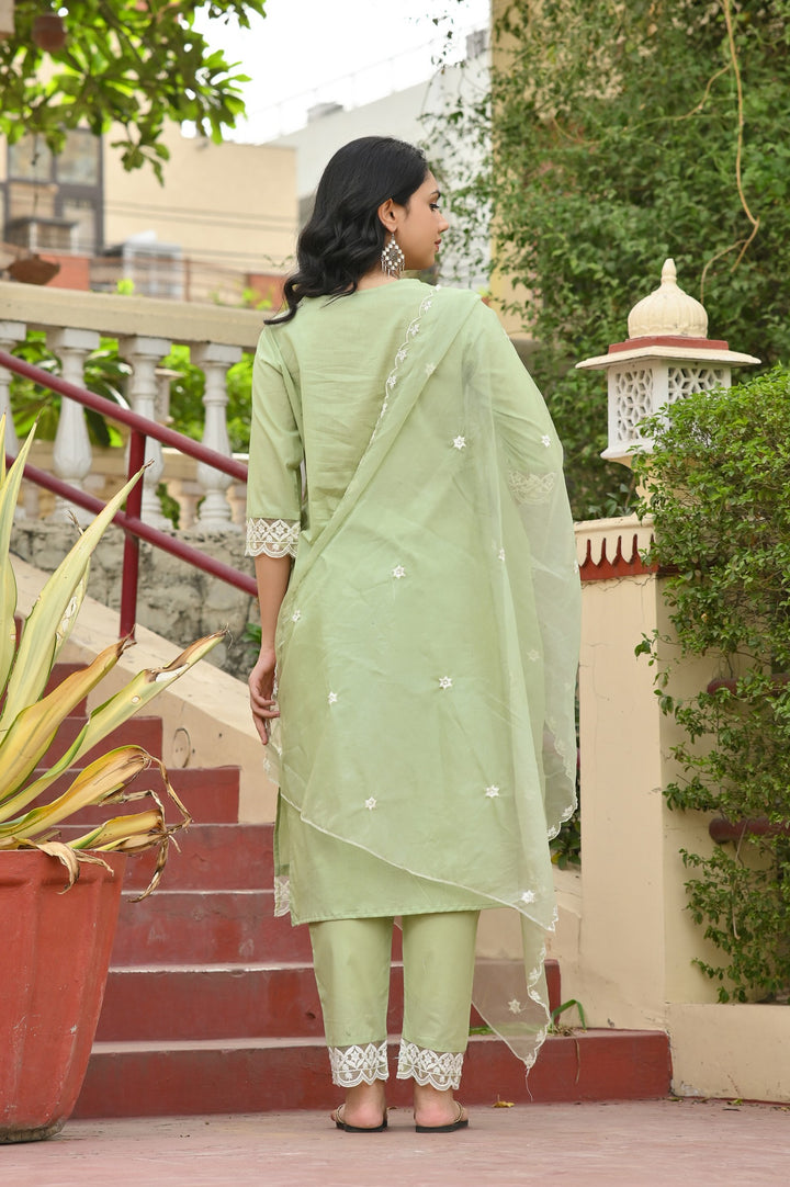 Elegant  Embroidered Cotton Kurta Set - Straight Fit with V-Neck and 3/4 Sleeves