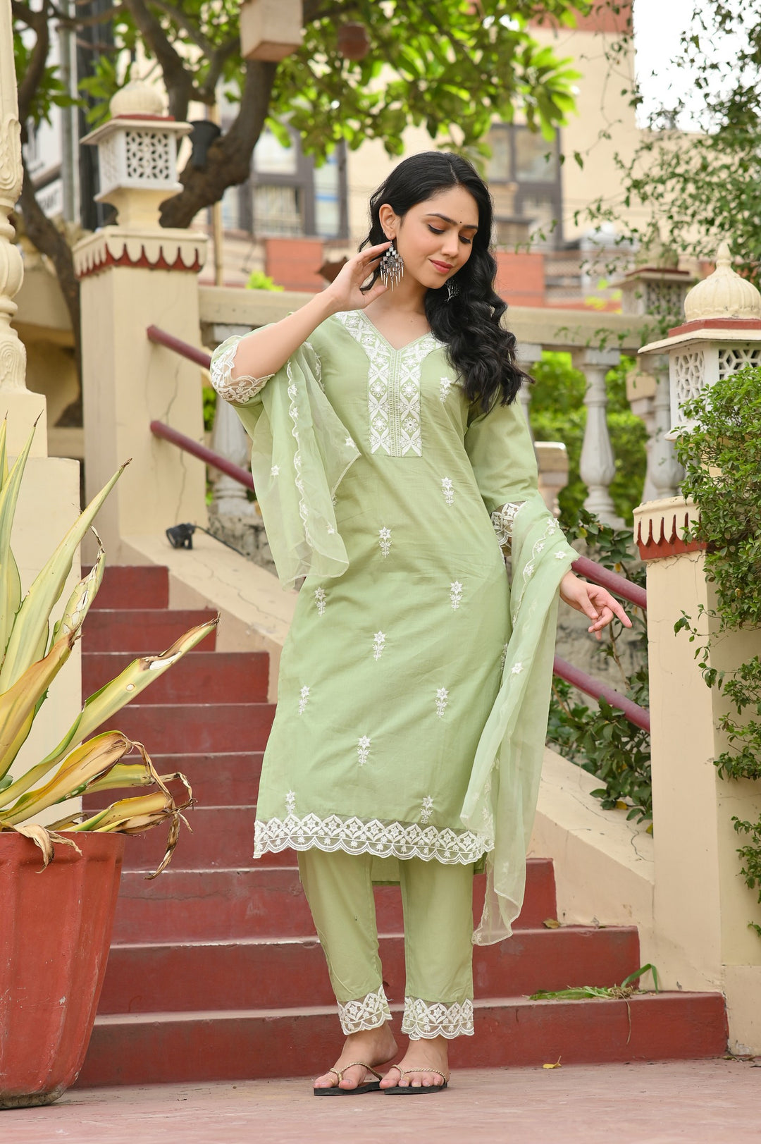 Elegant  Embroidered Cotton Kurta Set - Straight Fit with V-Neck and 3/4 Sleeves