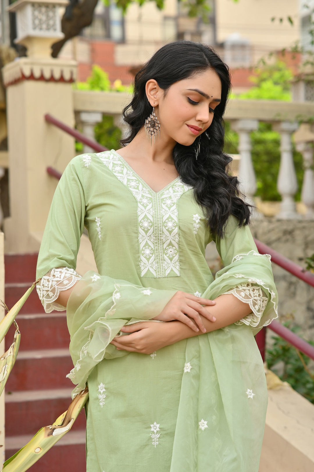 Elegant  Embroidered Cotton Kurta Set - Straight Fit with V-Neck and 3/4 Sleeves