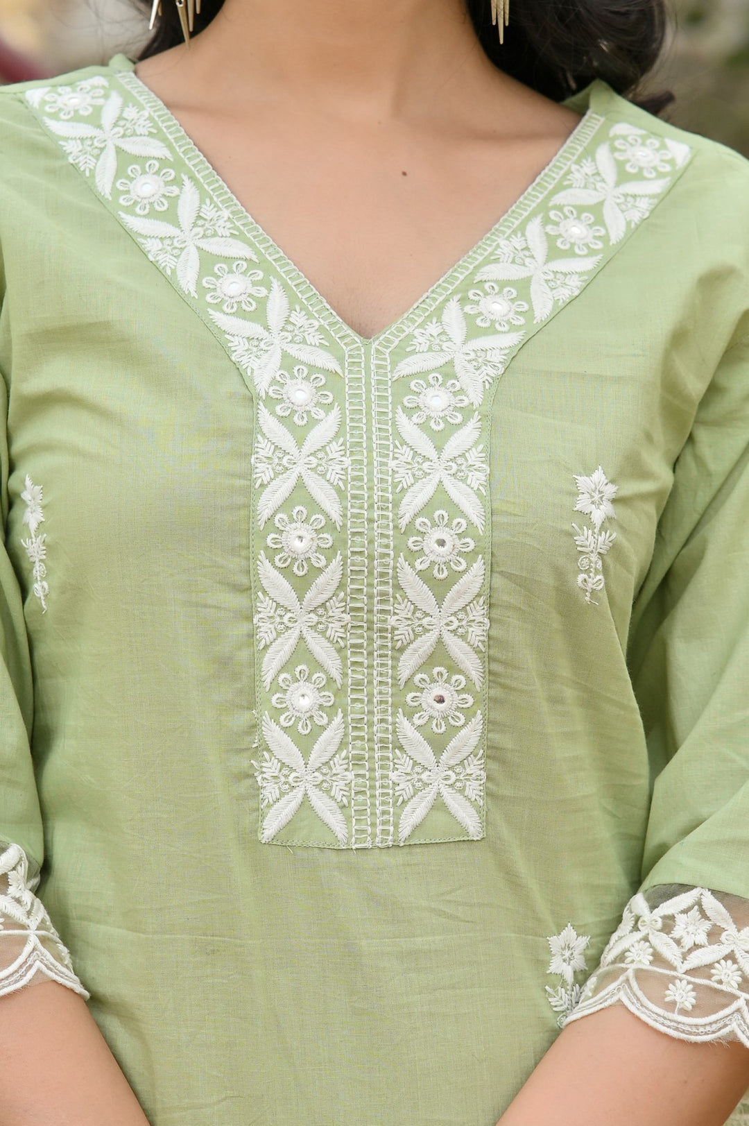 Elegant  Embroidered Cotton Kurta Set - Straight Fit with V-Neck and 3/4 Sleeves