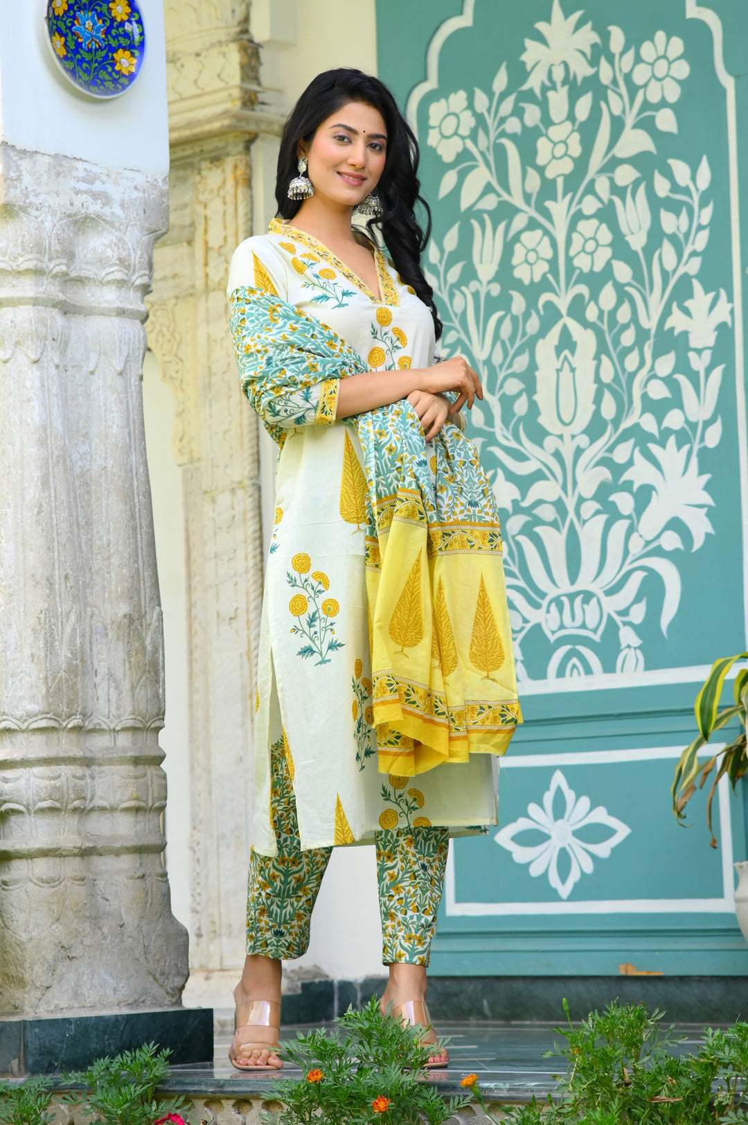 Chic Blue, Pink & Yellow Cotton Kurta Set - Straight Fit, V-Neck, 3/4 Sleeves