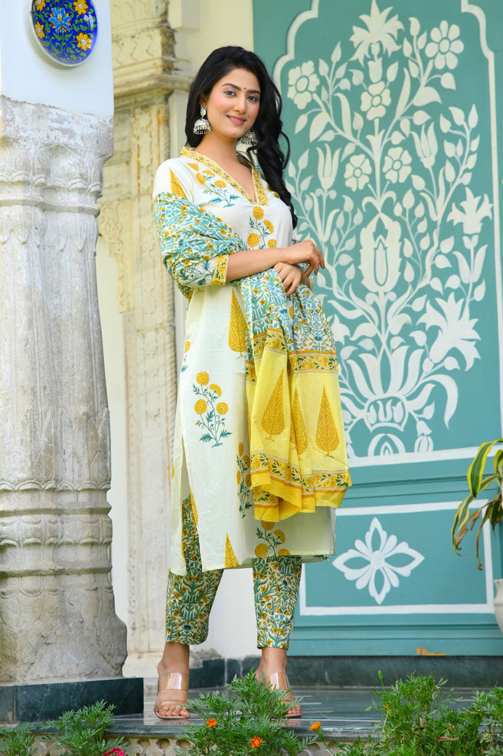 Chic Blue, Pink & Yellow Cotton Kurta Set - Straight Fit, V-Neck, 3/4 Sleeves