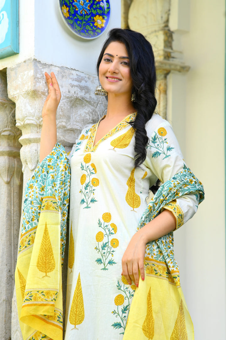 Chic Blue, Pink & Yellow Cotton Kurta Set - Straight Fit, V-Neck, 3/4 Sleeves