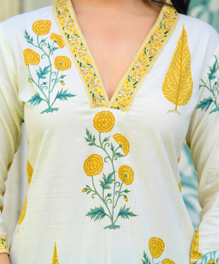 Chic Blue, Pink & Yellow Cotton Kurta Set - Straight Fit, V-Neck, 3/4 Sleeves