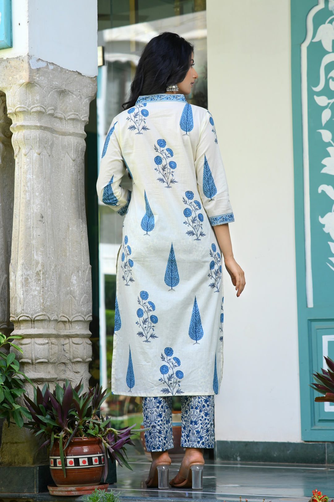 Chic Blue, Pink & Yellow Cotton Kurta Set - Straight Fit, V-Neck, 3/4 Sleeves