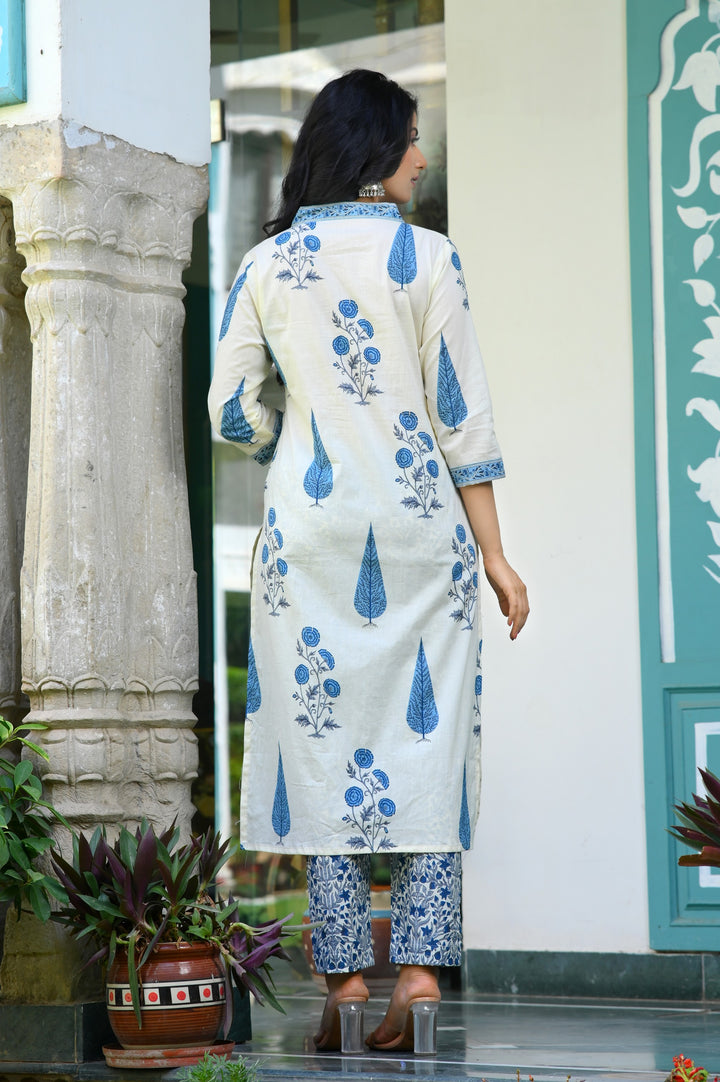Chic Blue, Pink & Yellow Cotton Kurta Set - Straight Fit, V-Neck, 3/4 Sleeves