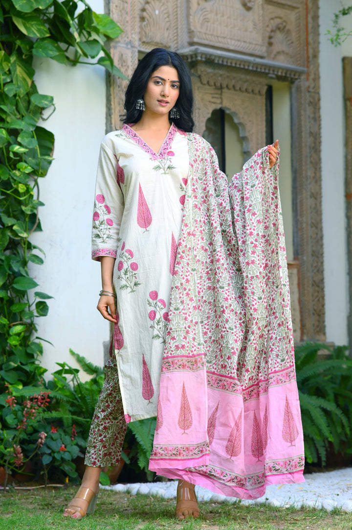 Chic Blue, Pink & Yellow Cotton Kurta Set - Straight Fit, V-Neck, 3/4 Sleeves