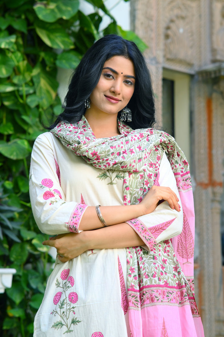 Chic Blue, Pink & Yellow Cotton Kurta Set - Straight Fit, V-Neck, 3/4 Sleeves