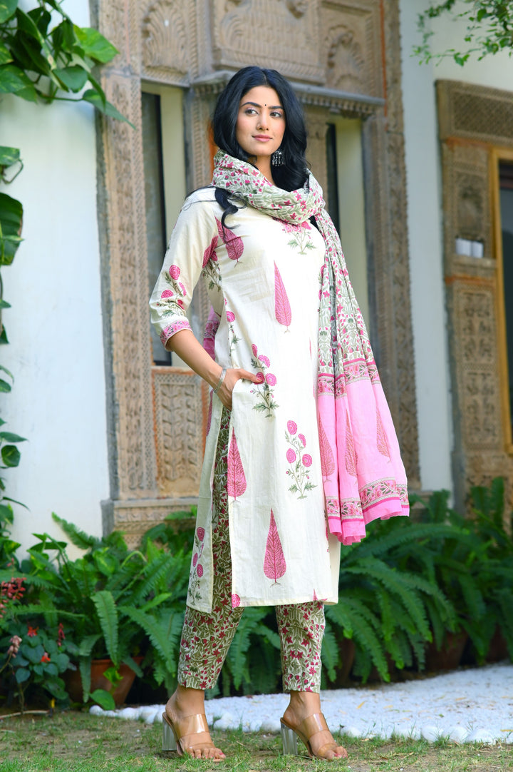 Chic Blue, Pink & Yellow Cotton Kurta Set - Straight Fit, V-Neck, 3/4 Sleeves