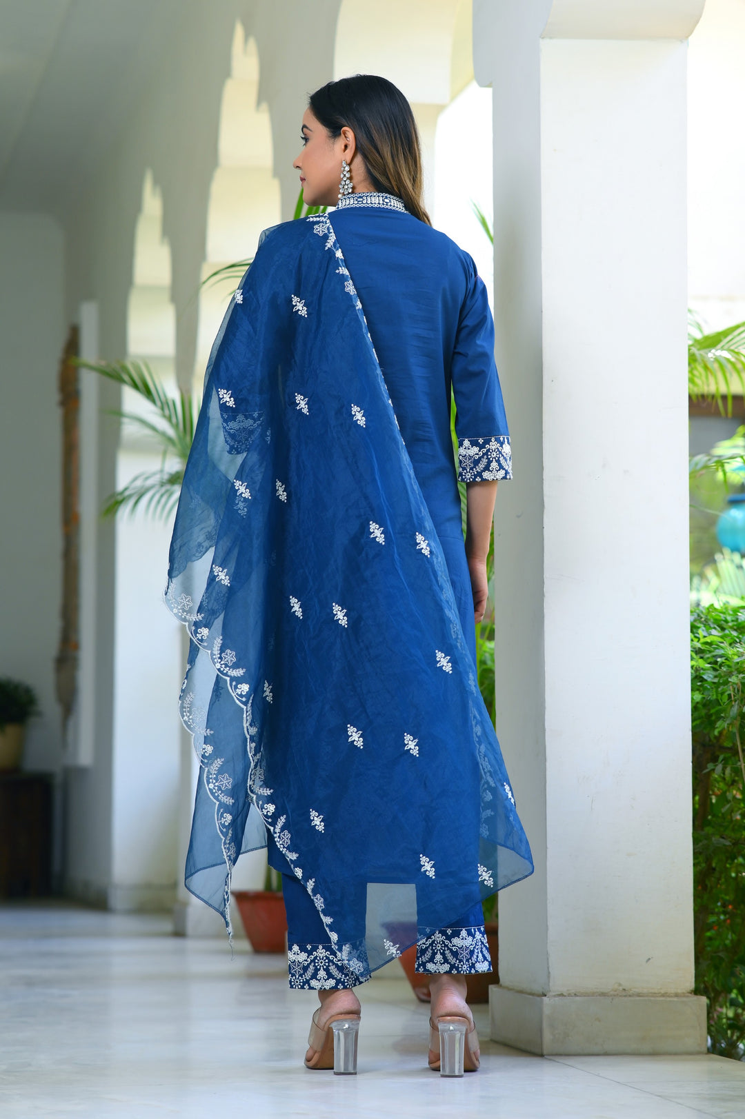 Elegant Blue & Red Cotton Kurta Set - Straight Fit, V-Neck, 3/4 Sleeves