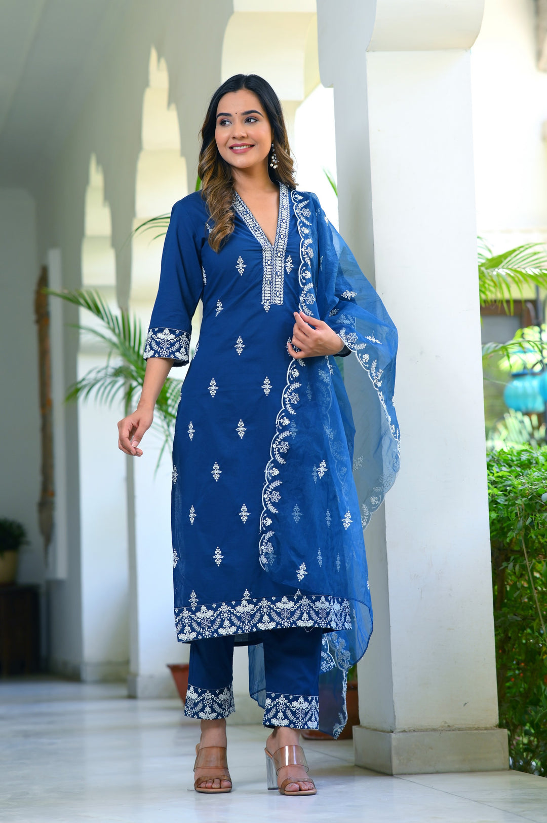 Elegant Blue & Red Cotton Kurta Set - Straight Fit, V-Neck, 3/4 Sleeves