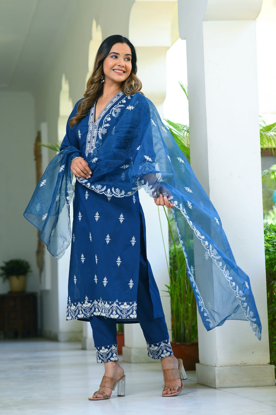 Elegant Blue & Red Cotton Kurta Set - Straight Fit, V-Neck, 3/4 Sleeves