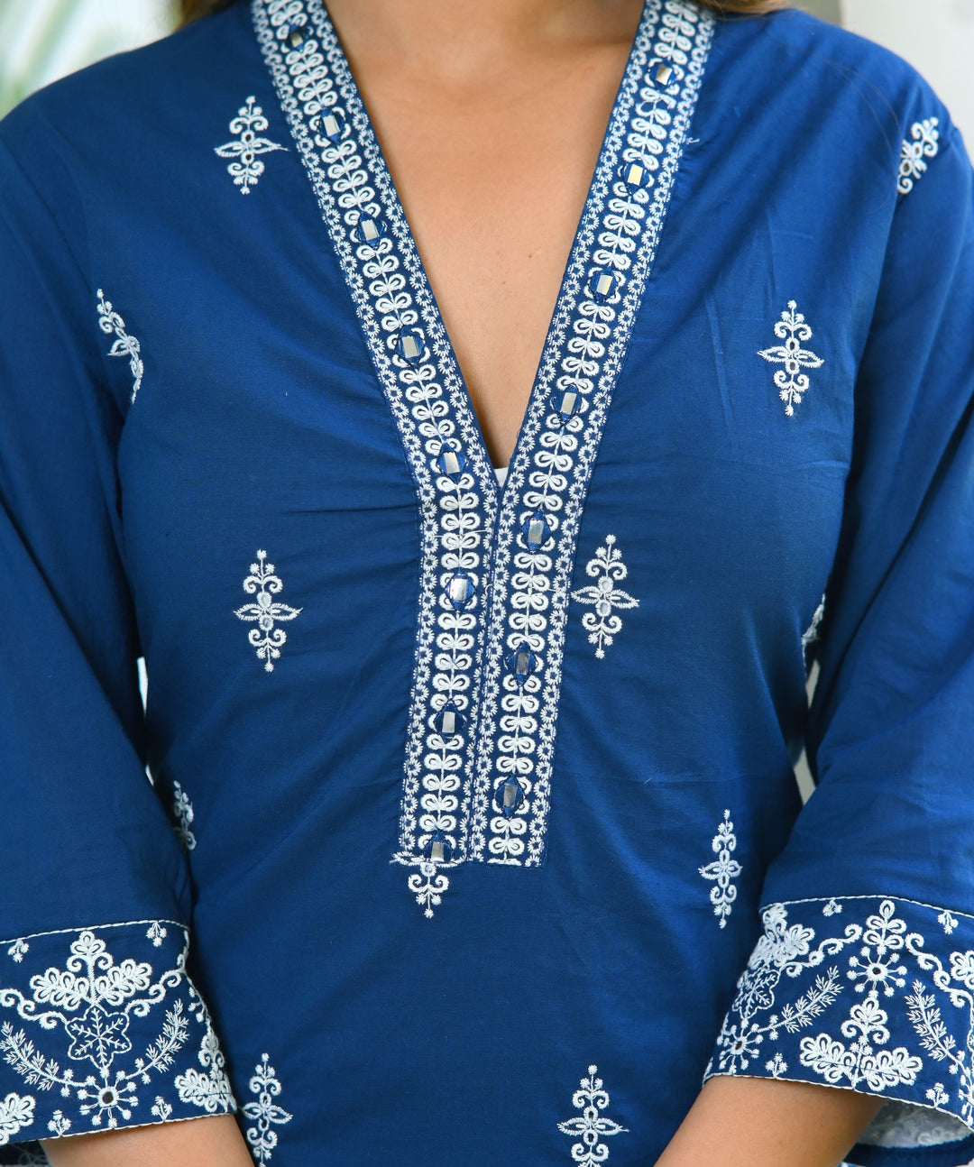 Elegant Blue & Red Cotton Kurta Set - Straight Fit, V-Neck, 3/4 Sleeves