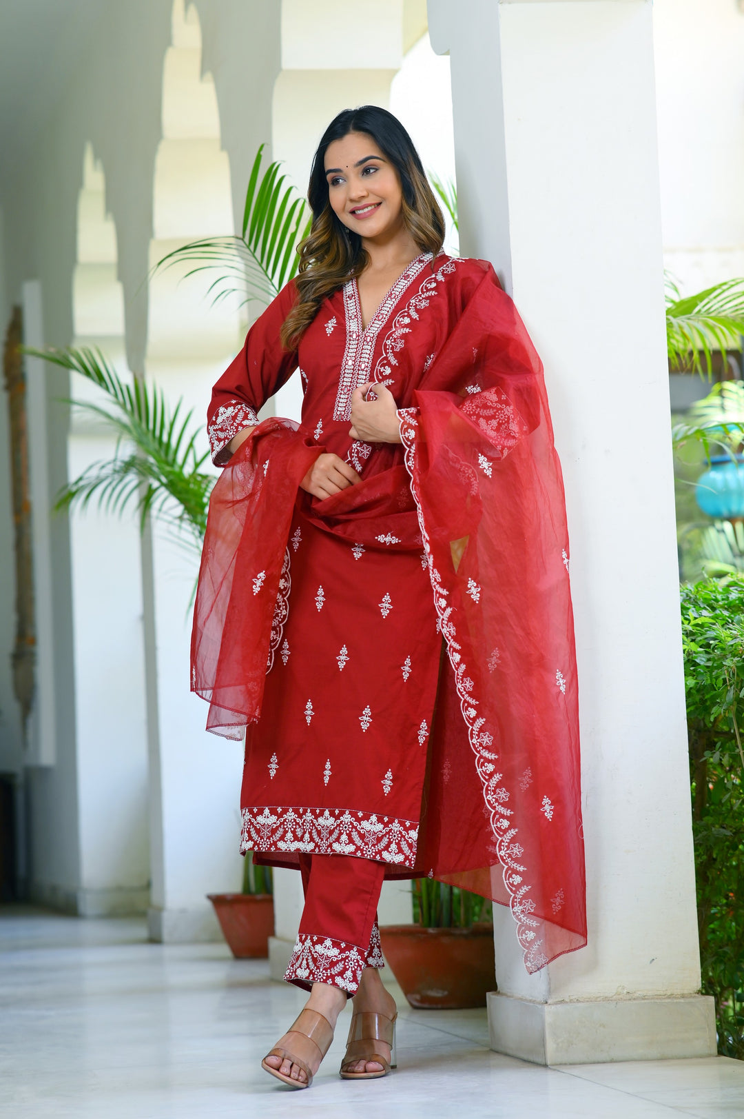 Elegant Blue & Red Cotton Kurta Set - Straight Fit, V-Neck, 3/4 Sleeves