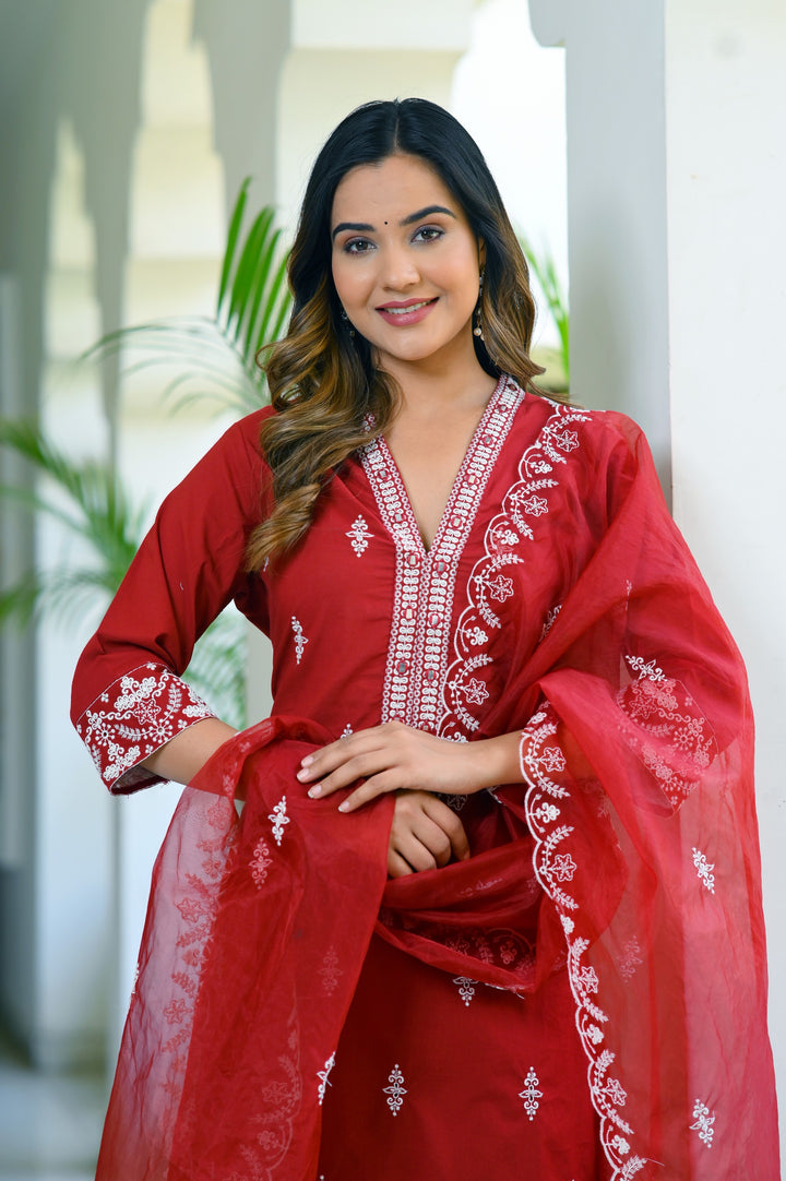 Elegant Blue & Red Cotton Kurta Set - Straight Fit, V-Neck, 3/4 Sleeves