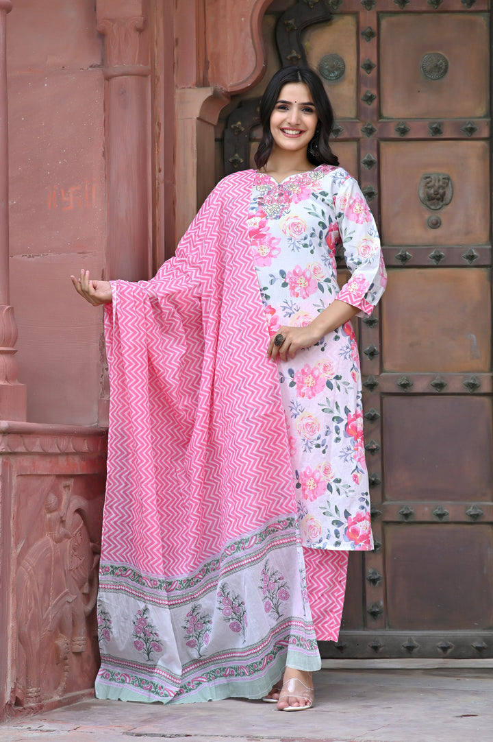 Premium Cotton Kurta Set - Straight Pattern, Sweetheart Neck, 3/4th Sleeves, Available in Pink, Sea Green, and Purple